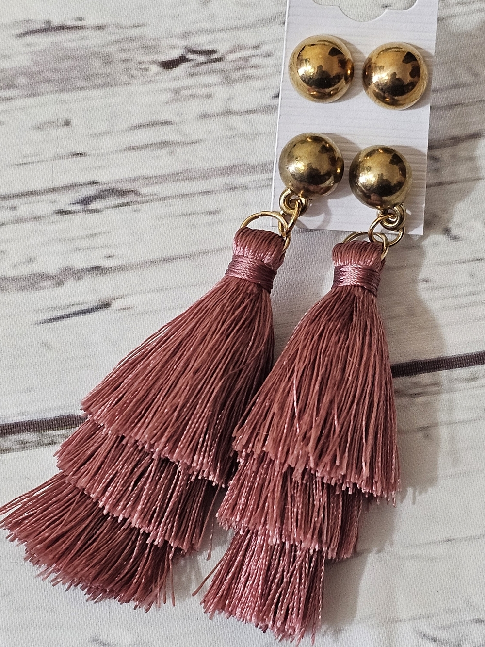Gold-Top Mauve Tassel Drop Earrings + Matching Studs - Women Jewelry